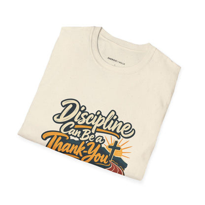 Graphic fitness T-shirt featuring the "Discipline Can Be a Thank-You" design.