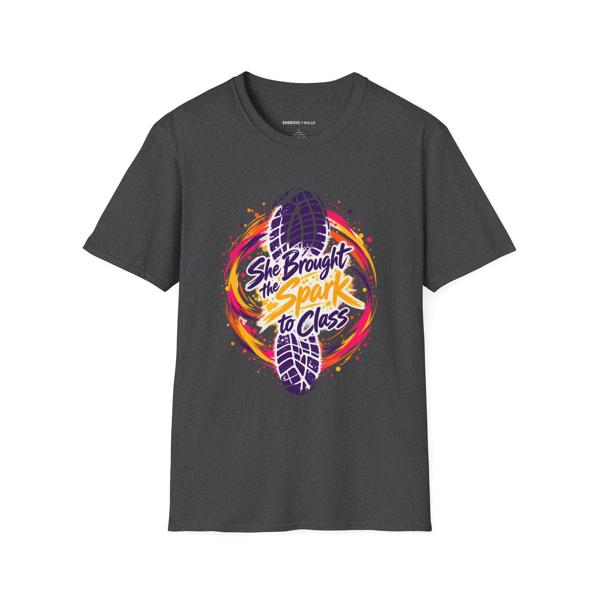 Graphic fitness T-shirt featuring the "She Brought the Spark to Class" design.