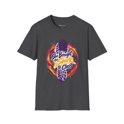 Graphic fitness T-shirt featuring the "She Brought the Spark to Class" design.