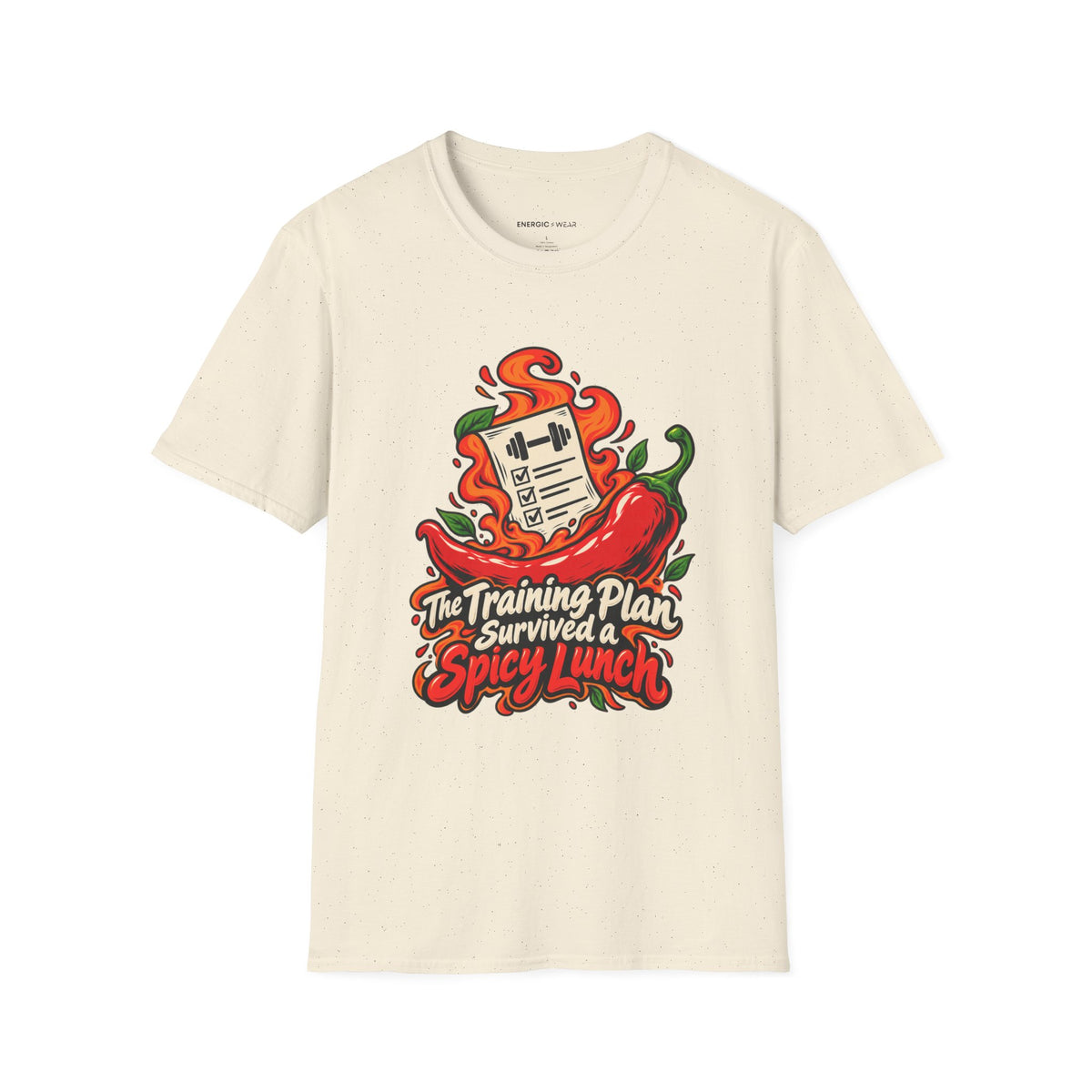 Graphic fitness T-shirt featuring the "The Training Plan Survived a Spicy Lunch" design.