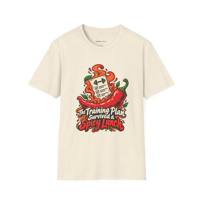 Graphic fitness T-shirt featuring the "The Training Plan Survived a Spicy Lunch" design.