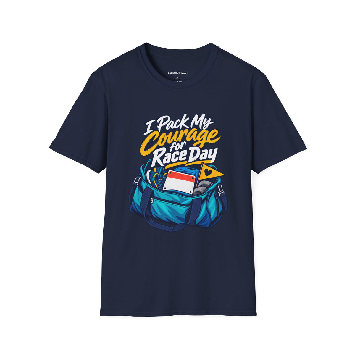 Graphic fitness T-shirt featuring the "I Pack My Courage for Race Day" design.