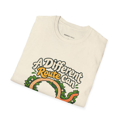 Graphic fitness T-shirt featuring the "A Different Route Can Refresh a Routine" design.