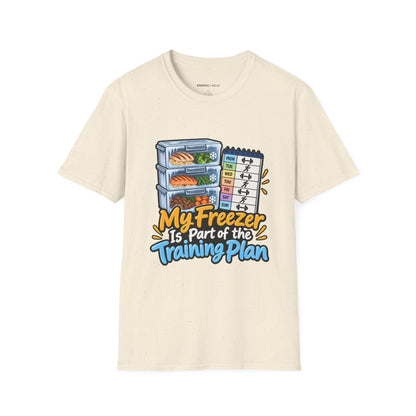 Graphic fitness T-shirt featuring the "My Freezer Is Part of the Training Plan" design.