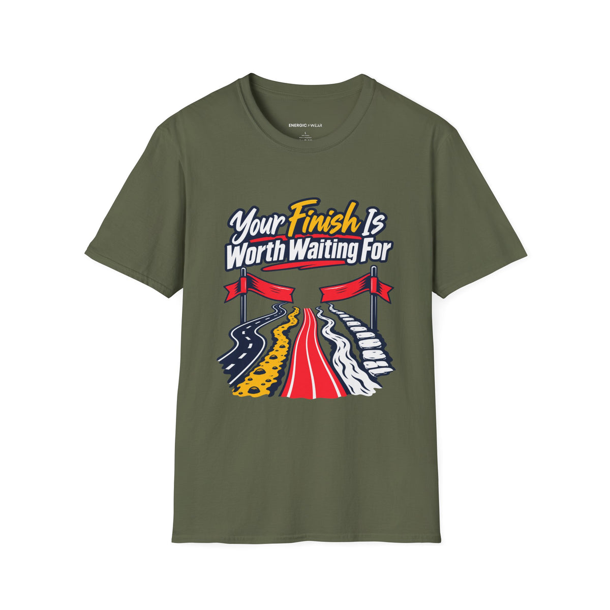 Graphic fitness T-shirt featuring the "Your Finish Is Worth Waiting For" design.