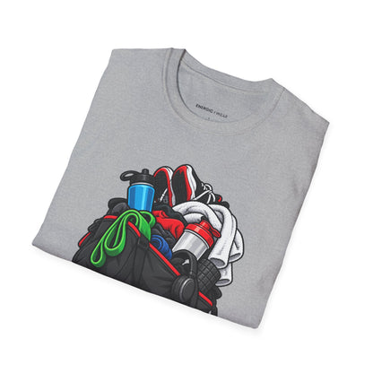 Graphic fitness T-shirt featuring the "I Need a Spotter for My Gym Bag" design.