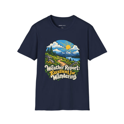Graphic fitness T-shirt featuring the "Weather Report Excellent for Wandering" design.