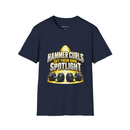 Graphic fitness T-shirt featuring the "Hammer Curls Get Their Own Spotlight" design.