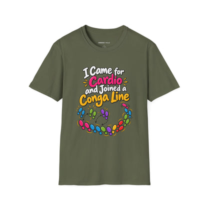 Graphic fitness T-shirt featuring the "I Came for Cardio and Joined a Conga Line" design.