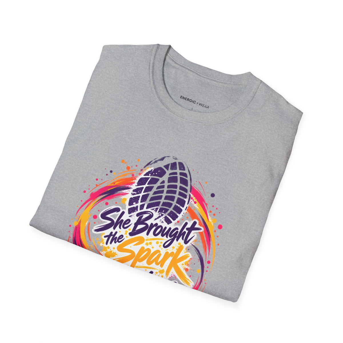 Graphic fitness T-shirt featuring the "She Brought the Spark to Class" design.