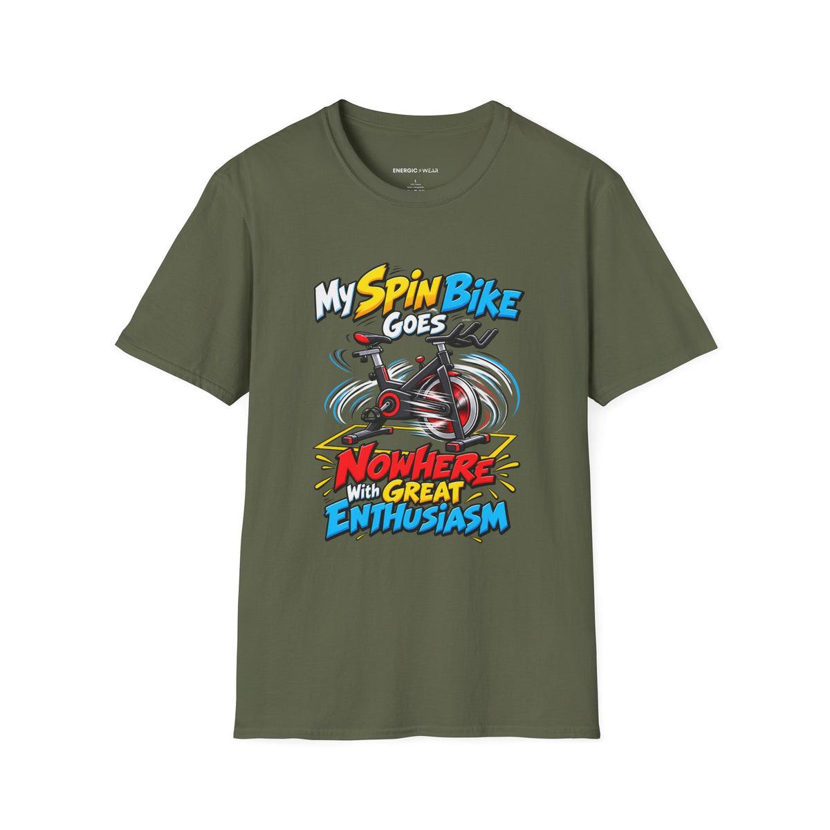 Graphic fitness T-shirt featuring the "My Spin Bike Goes Nowhere with Great Enthusiasm" design.