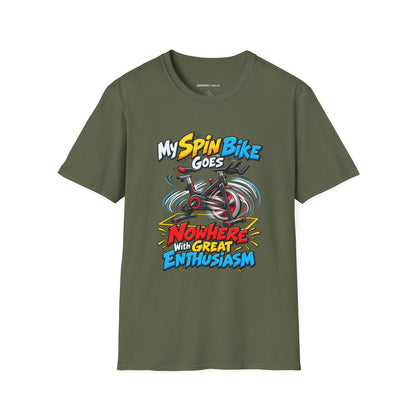 Graphic fitness T-shirt featuring the "My Spin Bike Goes Nowhere with Great Enthusiasm" design.