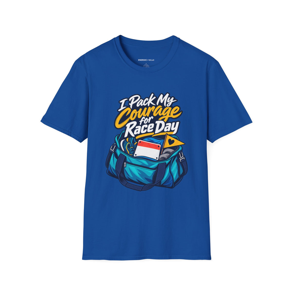 Graphic fitness T-shirt featuring the "I Pack My Courage for Race Day" design.