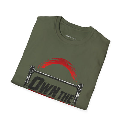 Graphic fitness T-shirt featuring the "Own the Space Above the Bar" design.