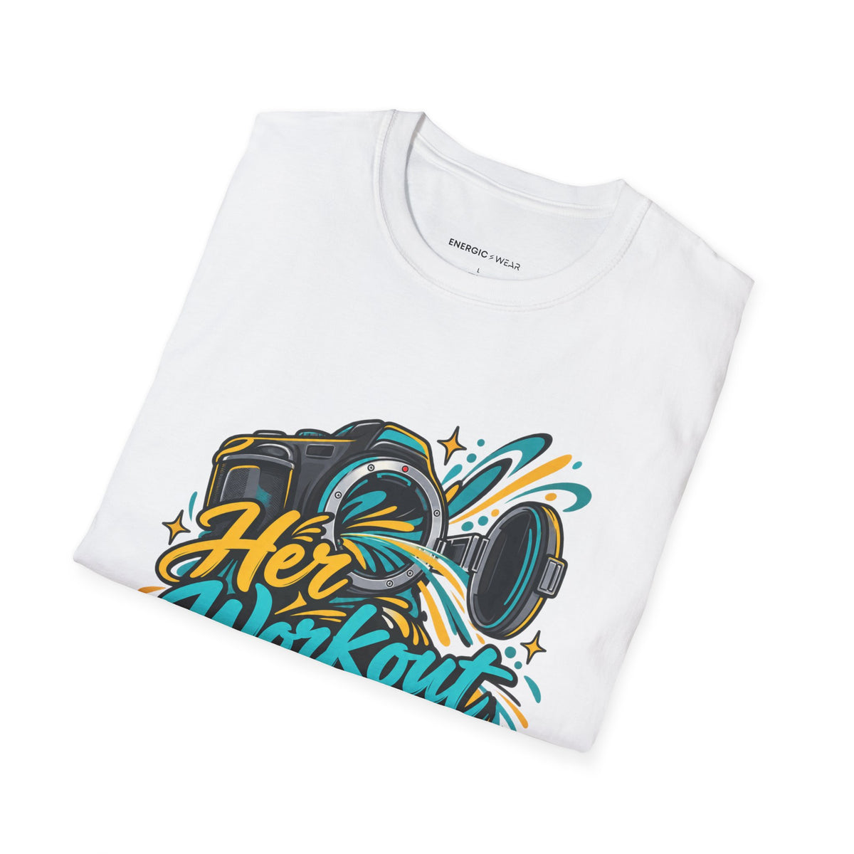 Graphic fitness T-shirt featuring the "Her Workout Doesn't Need a Before Photo" design.