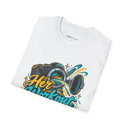 Graphic fitness T-shirt featuring the "Her Workout Doesn't Need a Before Photo" design.