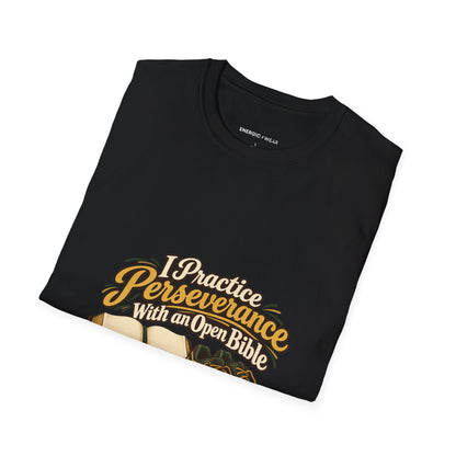 Graphic fitness T-shirt featuring the "I Practice Perseverance with an Open Bible" design.