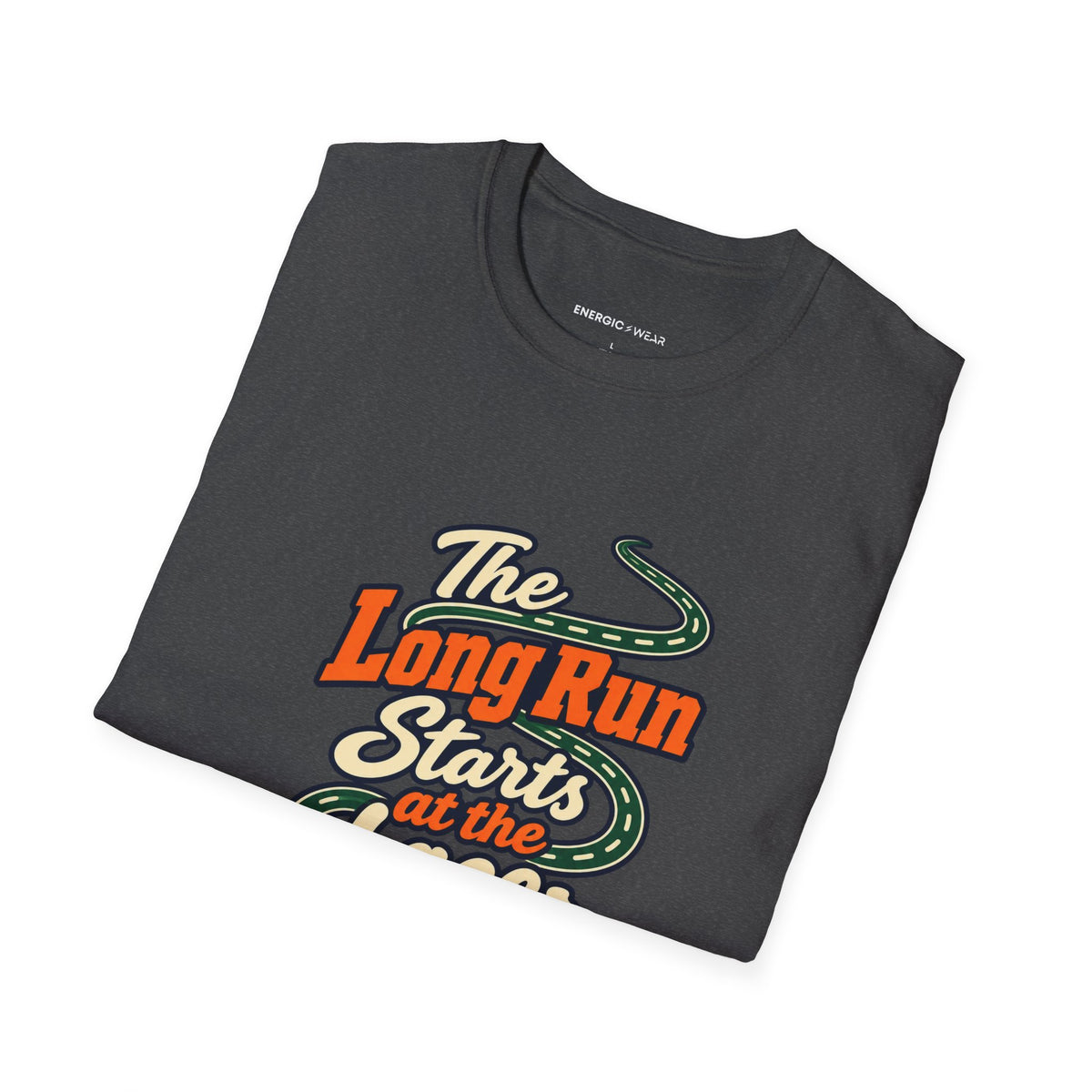 Graphic fitness T-shirt featuring the "The Long Run Starts at the Laces" design.