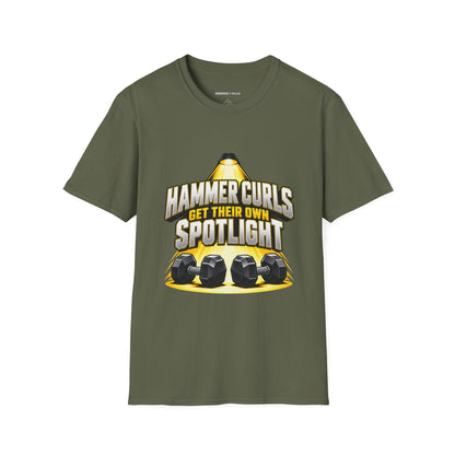 Graphic fitness T-shirt featuring the "Hammer Curls Get Their Own Spotlight" design.