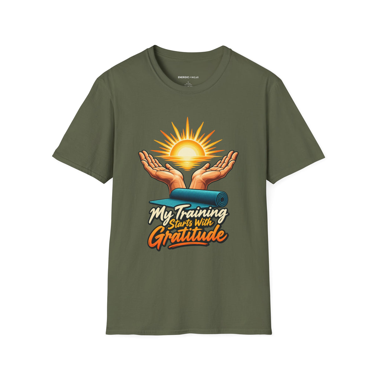 Graphic fitness T-shirt featuring the "My Training Starts with Gratitude" design.