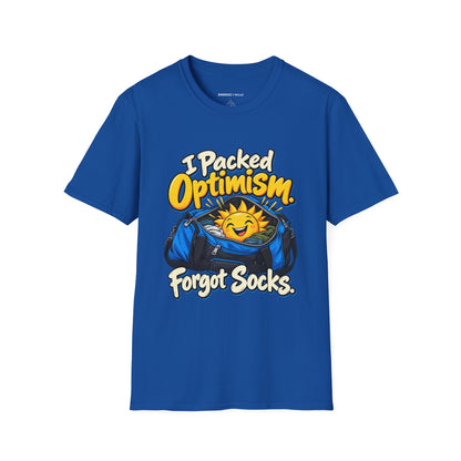 Graphic fitness T-shirt featuring the "I Packed Optimism Forgot Socks" design.