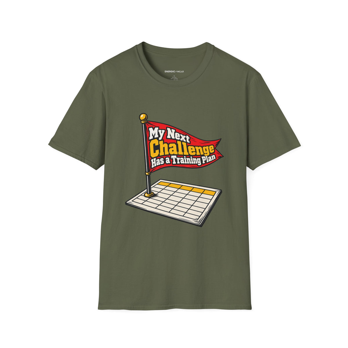 Graphic fitness T-shirt featuring the "My Next Challenge Has a Training Plan" design.