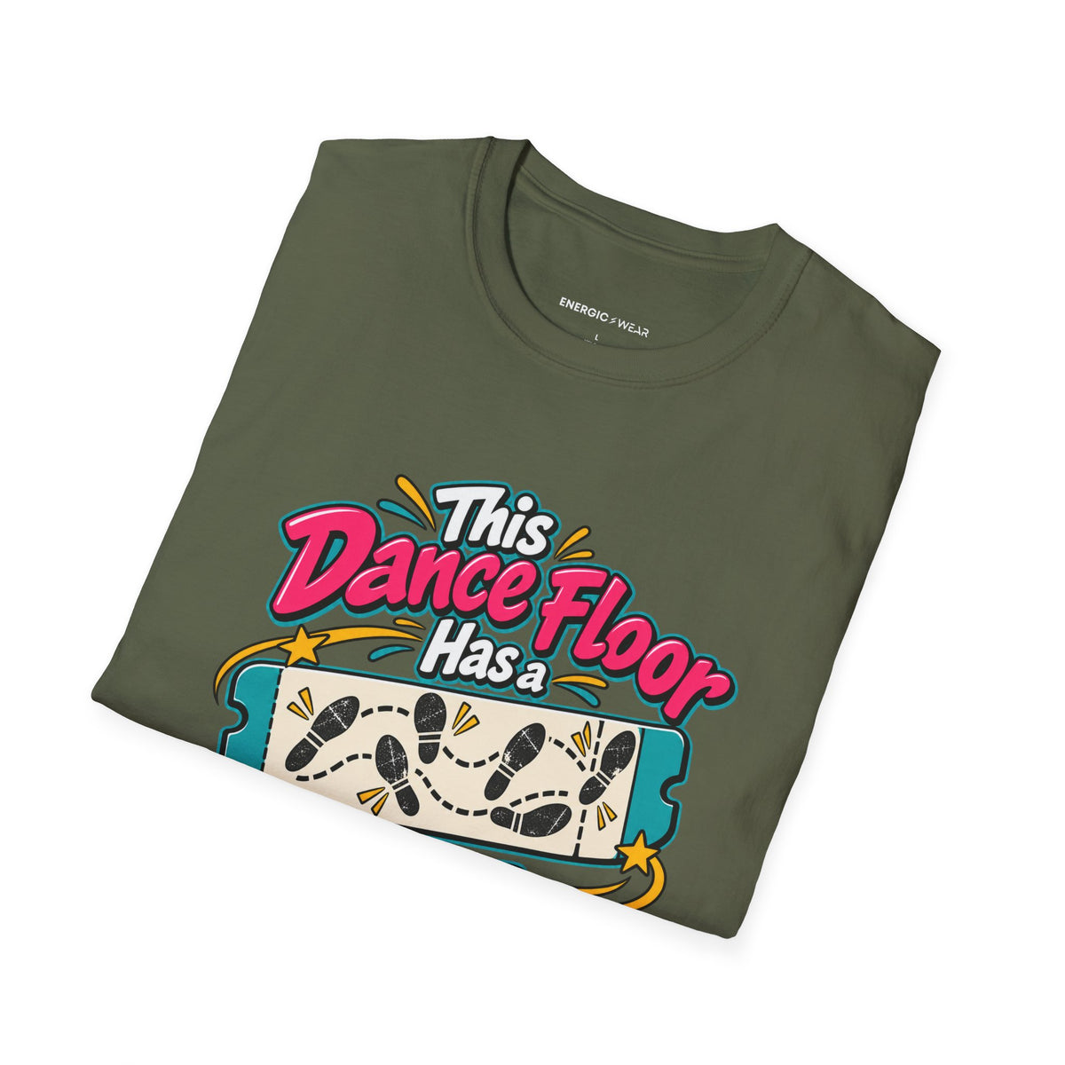 Graphic fitness T-shirt featuring the "This Dance Floor Has a Frequent-Flyer Program" design.