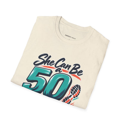 Graphic fitness T-shirt featuring the "She Can Be a Beginner at Fifty" design.