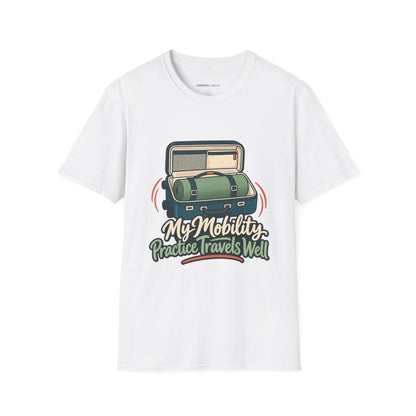 Graphic fitness T-shirt featuring the "My Mobility Practice Travels Well" design.