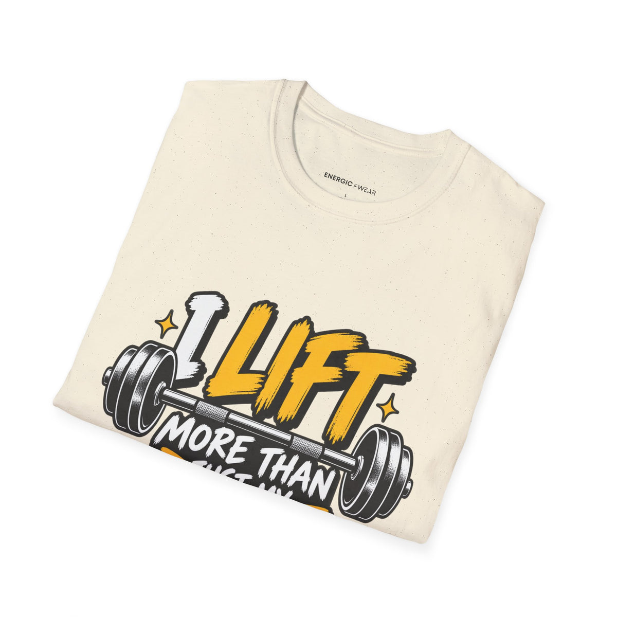 Graphic fitness T-shirt featuring the "I Lift More Than My Spirits" design.
