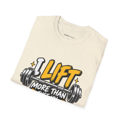 Graphic fitness T-shirt featuring the "I Lift More Than My Spirits" design.