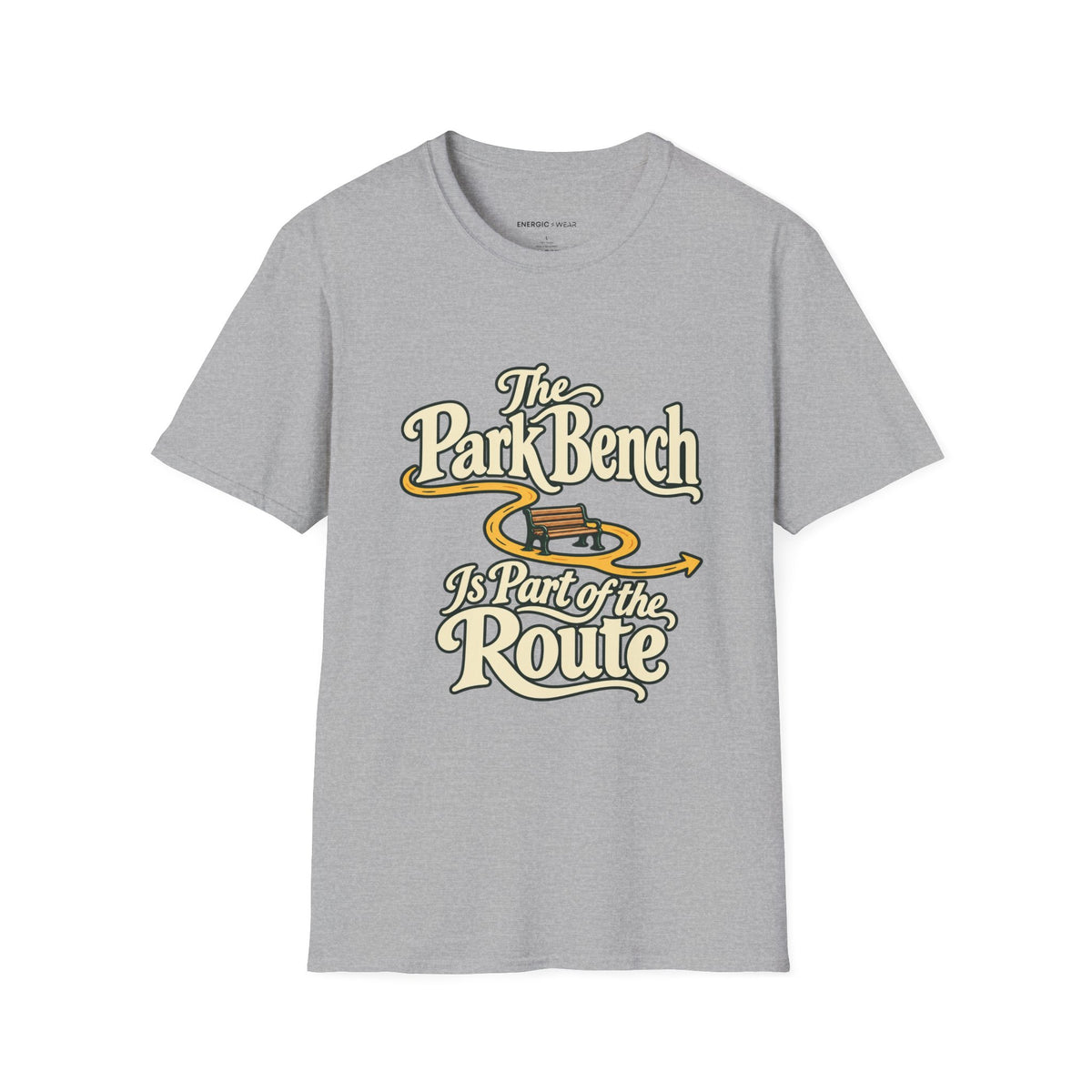 Graphic fitness T-shirt featuring the "The Park Bench Is Part of the Route" design.