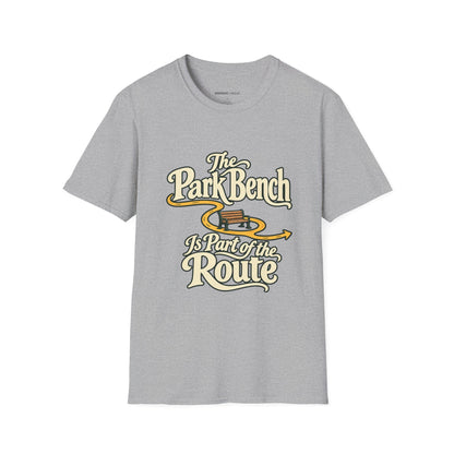 Graphic fitness T-shirt featuring the "The Park Bench Is Part of the Route" design.