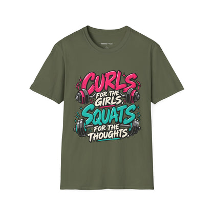 Graphic fitness T-shirt featuring the "Curls for the Girls, Squats for the Thoughts" design.
