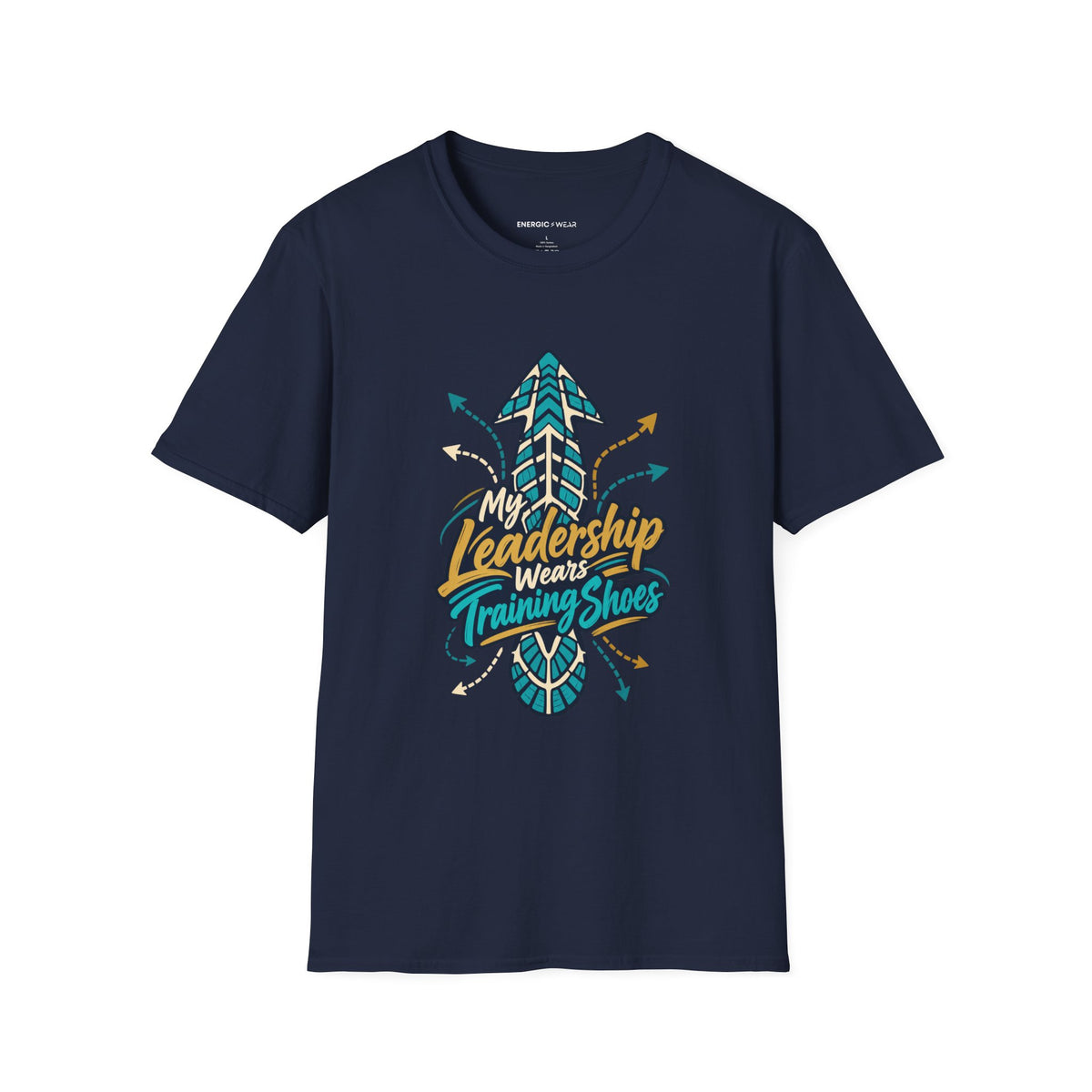 Graphic fitness T-shirt featuring the "My Leadership Wears Training Shoes" design.