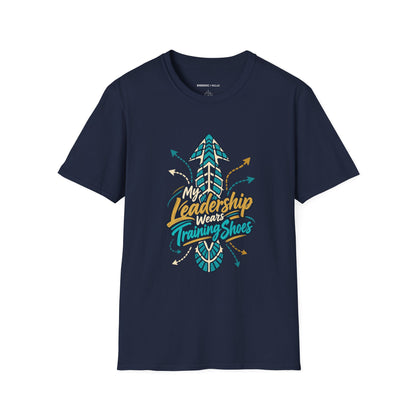 Graphic fitness T-shirt featuring the "My Leadership Wears Training Shoes" design.