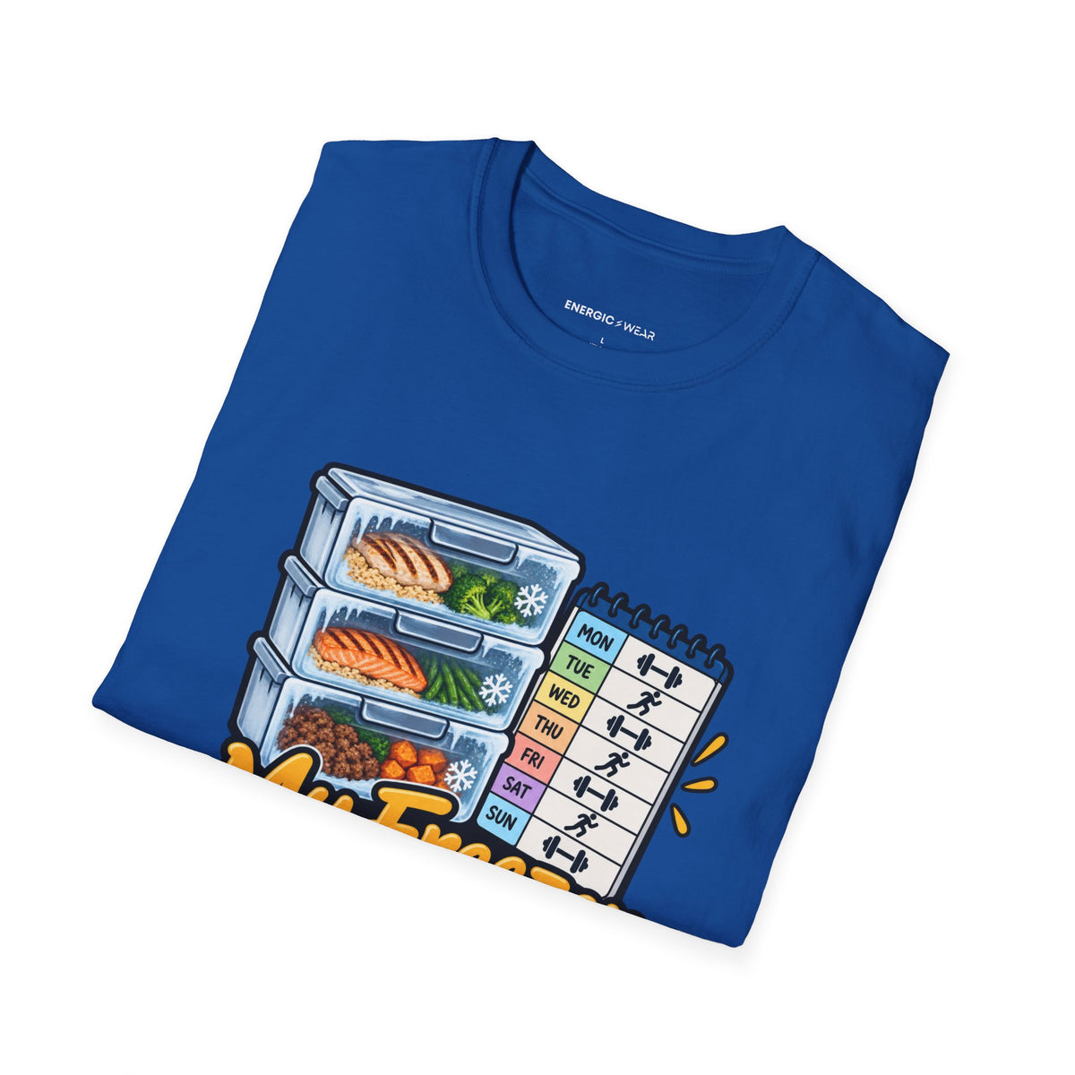 Graphic fitness T-shirt featuring the "My Freezer Is Part of the Training Plan" design.