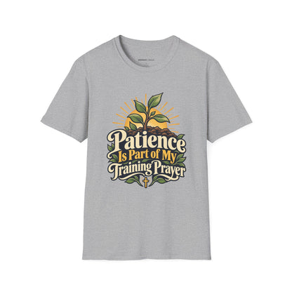 Graphic fitness T-shirt featuring the "Patience Is Part of My Training Prayer" design.