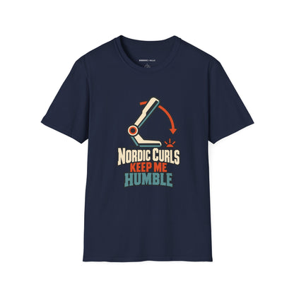 Graphic fitness T-shirt featuring the "Nordic Curls Keep Me Humble" design.