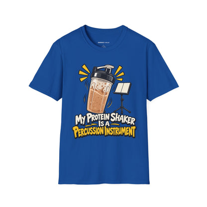 Graphic fitness T-shirt featuring the "My Protein Shaker Is a Percussion Instrument" design.
