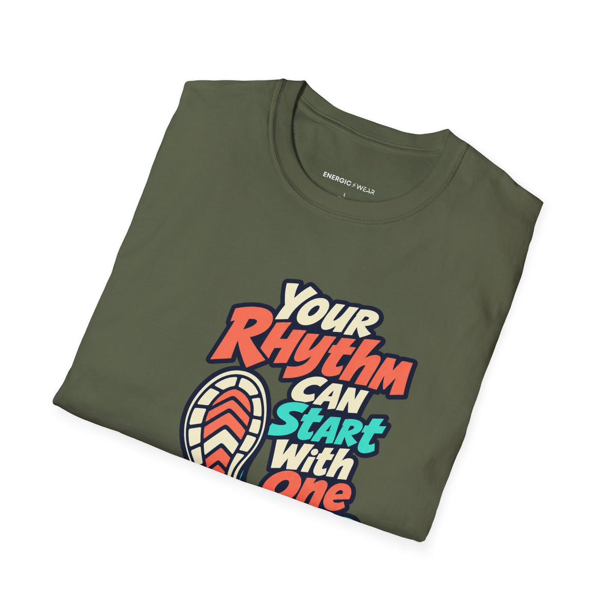 Graphic fitness T-shirt featuring the "Your Rhythm Can Start With One Step" design.