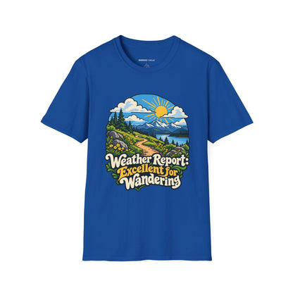 Graphic fitness T-shirt featuring the "Weather Report Excellent for Wandering" design.
