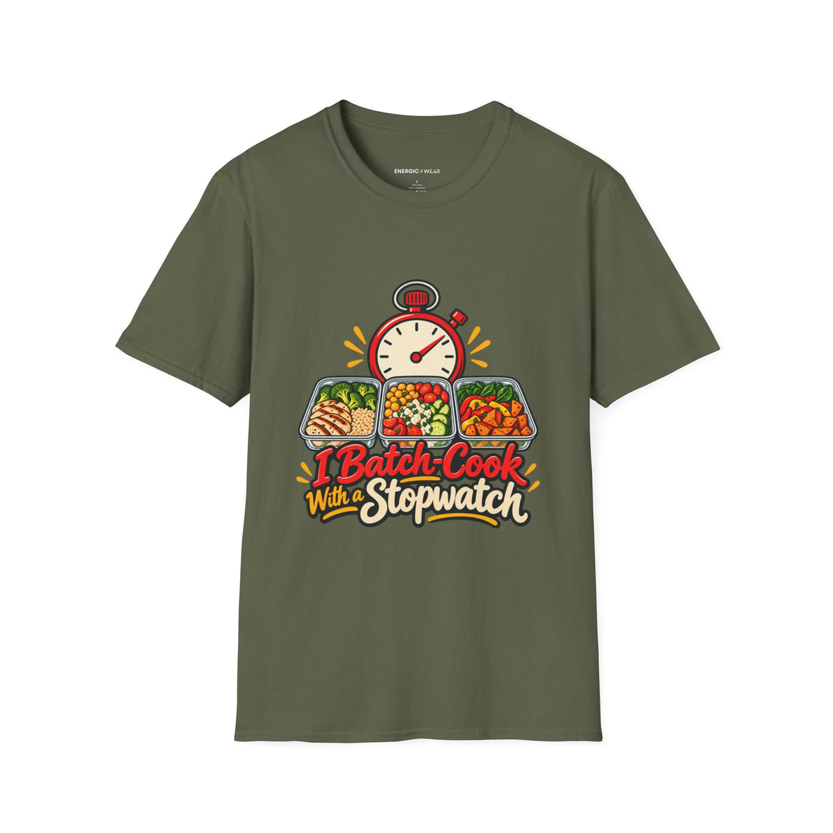 Graphic fitness T-shirt featuring the "I Batch-Cook with a Stopwatch" design.