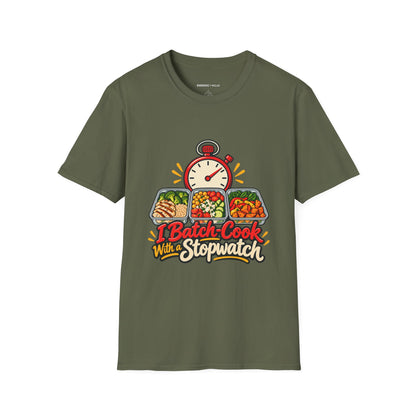 Graphic fitness T-shirt featuring the "I Batch-Cook with a Stopwatch" design.
