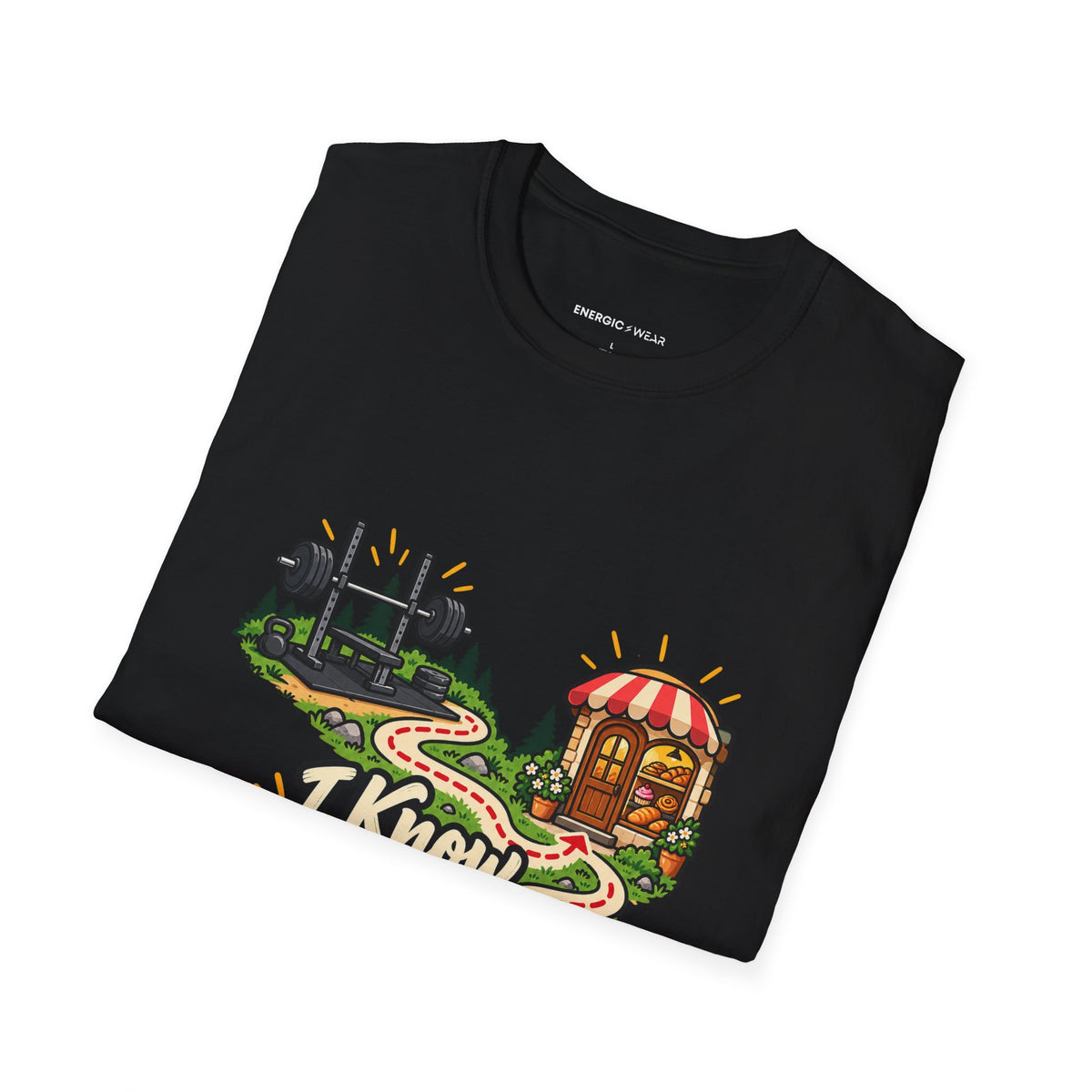 Graphic fitness T-shirt featuring the "I Know My Way Around a Bar and a Bakery" design.