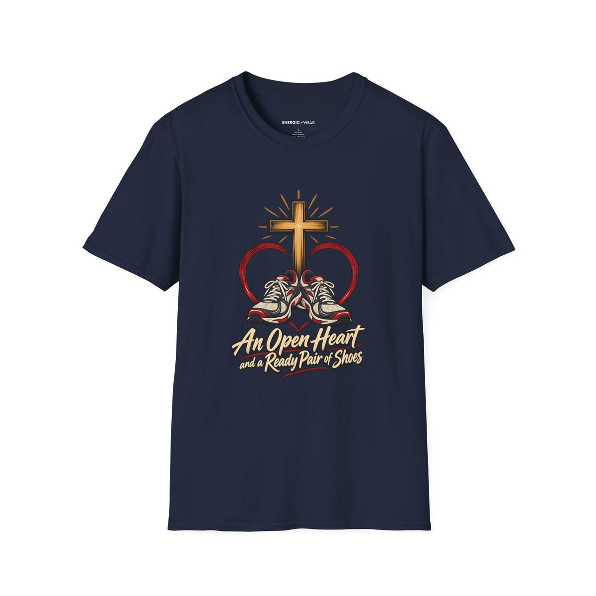 Graphic fitness T-shirt featuring the "An Open Heart and a Ready Pair of Shoes" design.