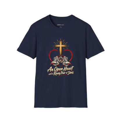 Graphic fitness T-shirt featuring the "An Open Heart and a Ready Pair of Shoes" design.