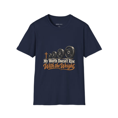 Graphic fitness T-shirt featuring the "My Worth Doesn t Rise With the Weight" design.