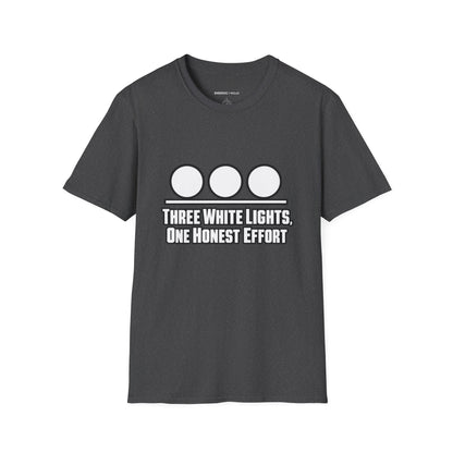 Graphic fitness T-shirt featuring the "Three White Lights One Honest Effort" design.