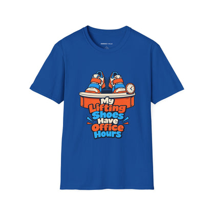Graphic fitness T-shirt featuring the "My Lifting Shoes Have Office Hours" design.